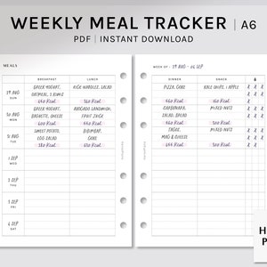 Weekly Meal Tracker | A6 Printable Planner Inserts | Food Log Template ...