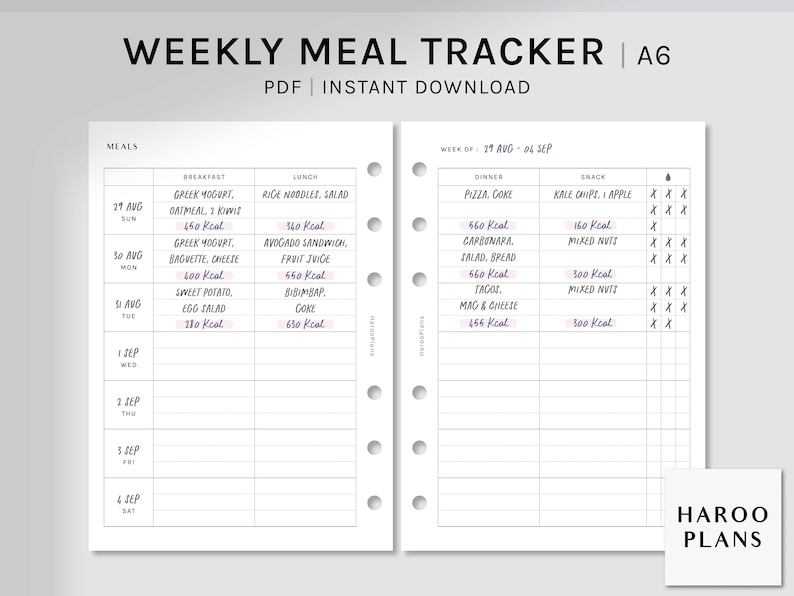 Weekly Meal Tracker A6 Printable Planner Inserts Food Log - Etsy