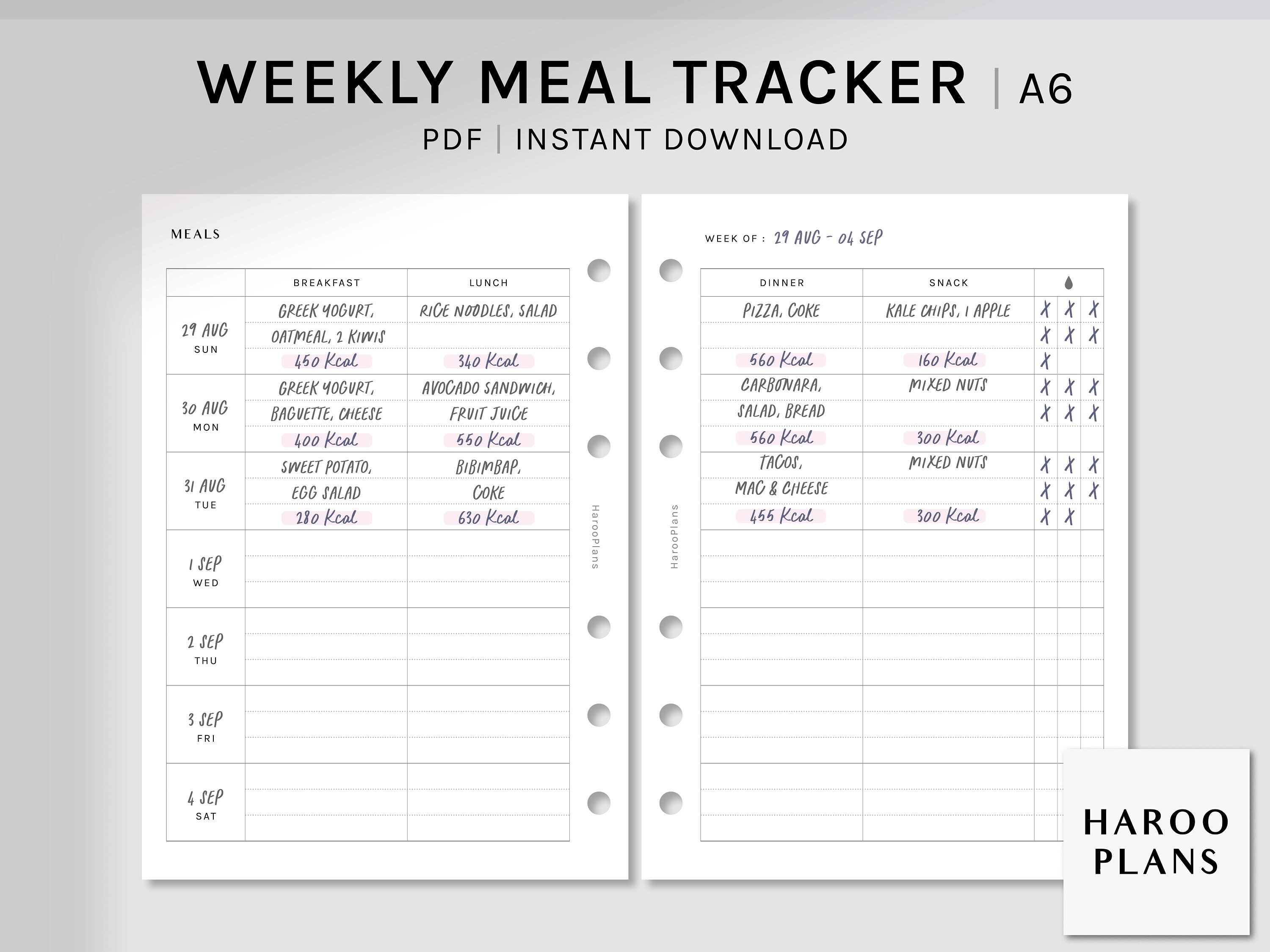 Weekly Meal Tracker | A6 Printable Planner Inserts | Food Log Template ...