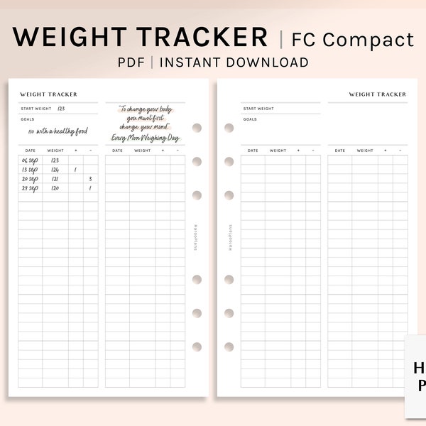 Weight Tracker | FC Compact Printable Planner Inserts | Diet Weight Loss Log | Simple Fitness Journal Template PDF | Digital Download