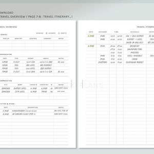 Op de afbeelding: Een printbare reisplanner met secties voor een overzicht van de reis, vervoer, accommodatie en activiteiten. De planner bevat kolommen voor data, categorie&euml;n, tijden, schema's en notities.