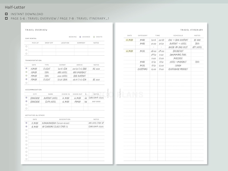 Op de afbeelding: Een printbare reisplanner met secties voor een overzicht van de reis, vervoer, accommodatie en activiteiten. De planner bevat kolommen voor data, categorie&euml;n, tijden, schema's en notities.