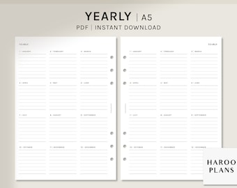 Yearly Planner | A5 Planner Printable Inserts | Blank Yearly Overview Layout | Year on one Page Template | Digital Download
