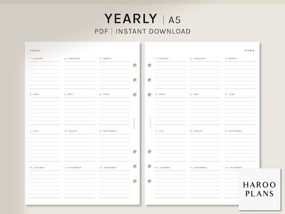 Yearly Planner | A5 Planner Printable Inserts | Blank Yearly Overview Layout | Year on one Page Template | Digital Download