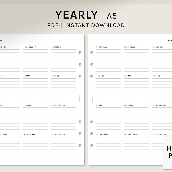 Yearly Planner | A5 Planner Printable Inserts | Blank Yearly Overview Layout | Year on one Page Template | Digital Download