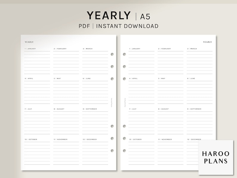 May include: A black and white printable A5 yearly planner with 12 months, each month divided into three columns. The planner is designed for use with a disc bound system. The text "YEARLY A5 PDF INSTANT DOWNLOAD" is at the top of the page. The text "HAROO PLANS" is at the bottom of the page.