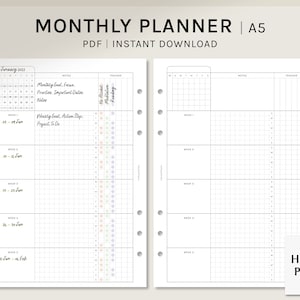 Puede incluir: Un planificador mensual imprimible en tamaño A5 con un calendario, una sección de notas y rastreadores para la meditación, la lectura y la productividad. El planificador está diseñado para enero de 2022.