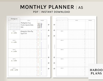 Monthly Planner | A5 Printable Inserts | Monthly Organizer Template | 5 Weeks Goal Planning Sheet with Task Tracker PDF | Digital Download