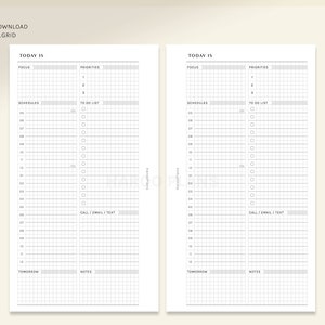 Peut inclure: Un planificateur quotidien imprimable avec une mise en page en grille. Le planificateur comprend des sections pour la concentration, les priorit&eacute;s, les horaires, la liste des choses &agrave; faire, les appels/e-mails/textes, les notes et demain. Le planificateur est con&ccedil;u pour un usage personnel.