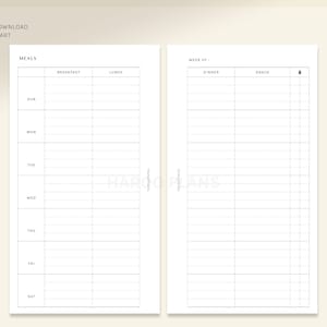 May include: A printable meal planner with a weekly layout. The planner includes sections for breakfast, lunch, dinner, and snacks. The planner is designed for a Sunday start.
