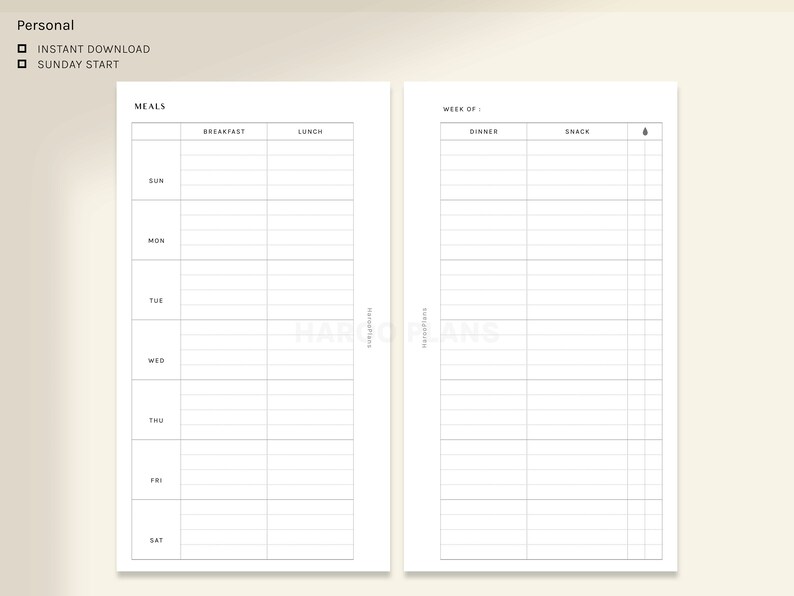 May include: A printable meal planner with a weekly layout. The planner includes sections for breakfast, lunch, dinner, and snacks. The planner is designed for a Sunday start.