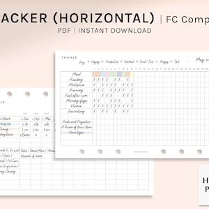 Może przedstawiać: Drukowany tracker na maj, z kluczem do śledzenia nastroju. Tracker zawiera sekcje do czytania, medytacji, biegania, postu po 14:00, jogi porannej, witamin, prowadzenia dziennika i listę książek do przeczytania. Tracker jest przeznaczony do użytku z plannerem z dyskiem.