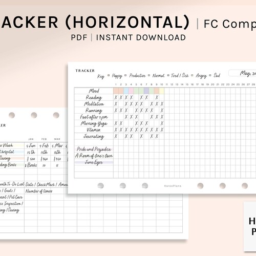 Tracker mensile / Inserti per pianificatore compatto FC stampabili / Modello di registro delle attività per le faccende domestiche / Foglio di layout orizzontale PDF / Download digitale