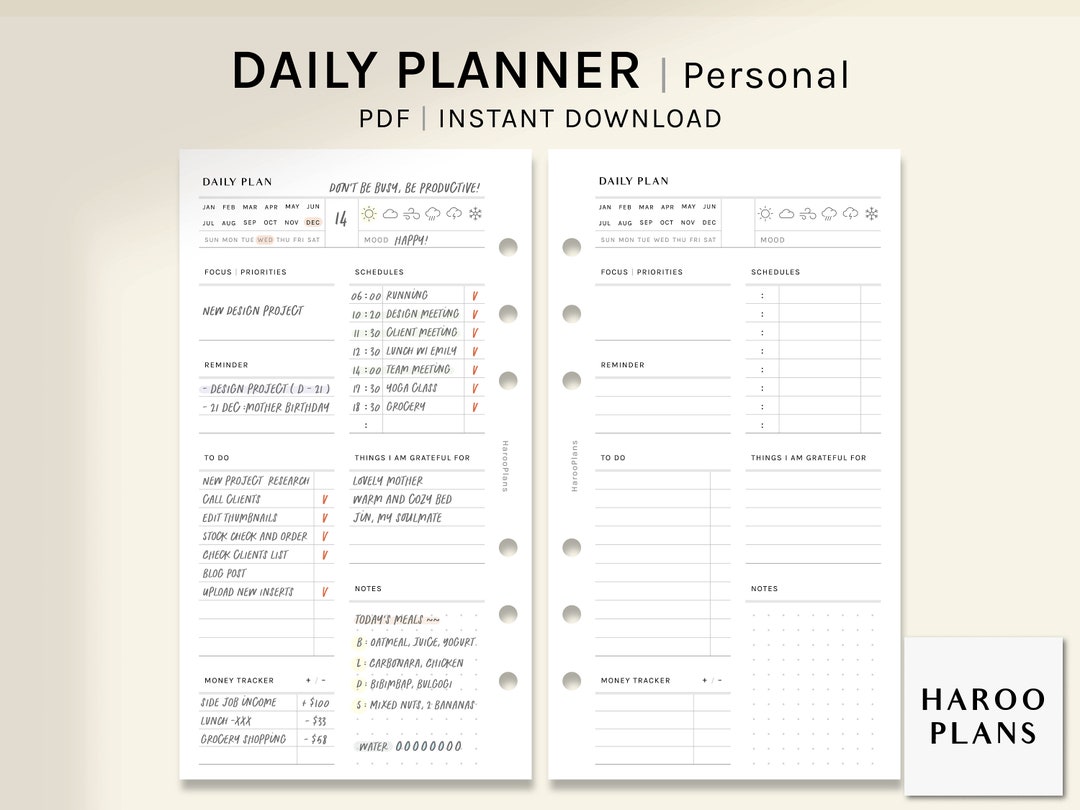 Daily Planner | Personal Size Printable Inserts | Schedule Template ...
