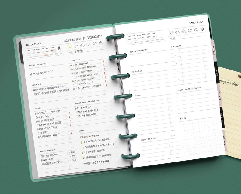 May include: A daily planner with a green cover and a white interior. The planner has a daily plan section, a weekly plan section, and a section for tracking money. The planner also has a section for notes and a section for things to be grateful for. The planner has a motivational quote on the cover that says "Don't be bum, be productive!"