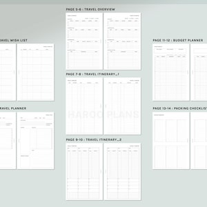 Op de afbeelding: Een printbare reisplanner met 14 pagina's, waaronder een verlanglijst, een budgetplanner, een paklijst en routeplannerpagina's. De pagina's zijn gelabeld met paginanummers en titels.