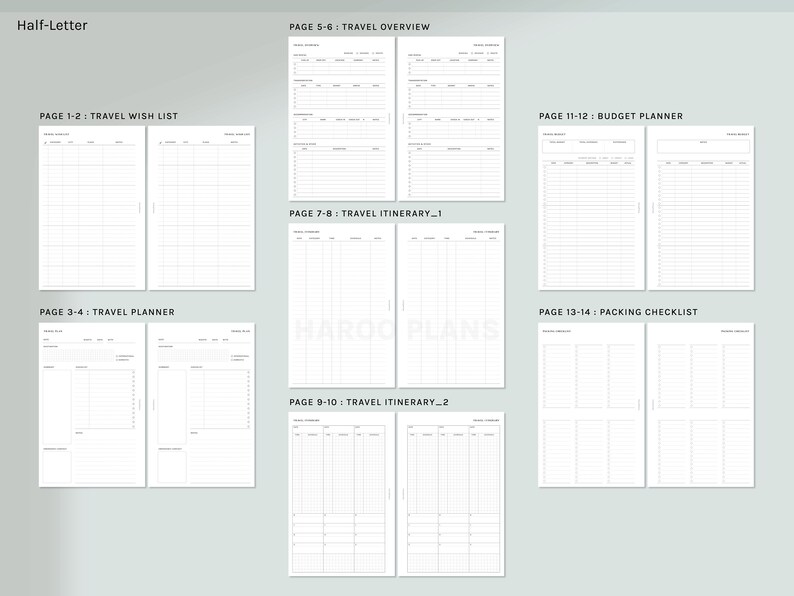 Op de afbeelding: Een printbare reisplanner met 14 pagina's, waaronder een verlanglijst, een budgetplanner, een paklijst en routeplannerpagina's. De pagina's zijn gelabeld met paginanummers en titels.