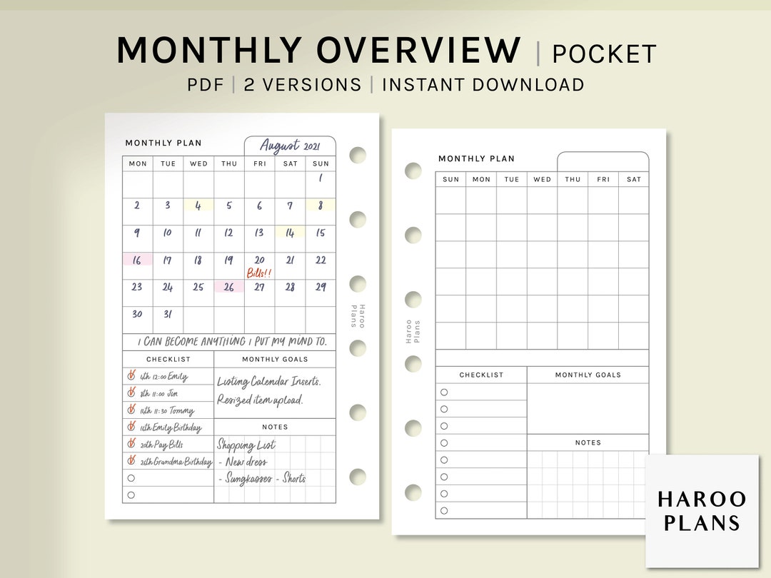 Monthly Overview | Pocket Ring Printable Planner Inserts | MO1P Layout ...