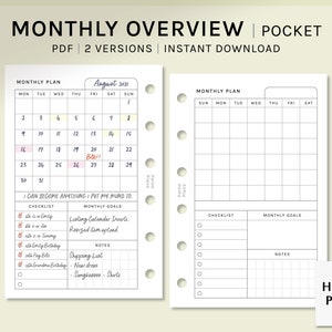 Monthly Overview | Pocket Ring Printable Planner Inserts | MO1P Layout | Month on one page Template | Blank Calendar | Digital Download