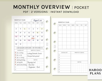 Monthly Overview | Pocket Ring Printable Planner Inserts | MO1P Layout | Month on one page Template | Blank Calendar | Digital Download