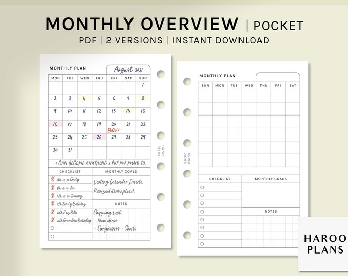 Monthly Overview | Pocket Ring Printable Planner Inserts | MO1P Layout ...
