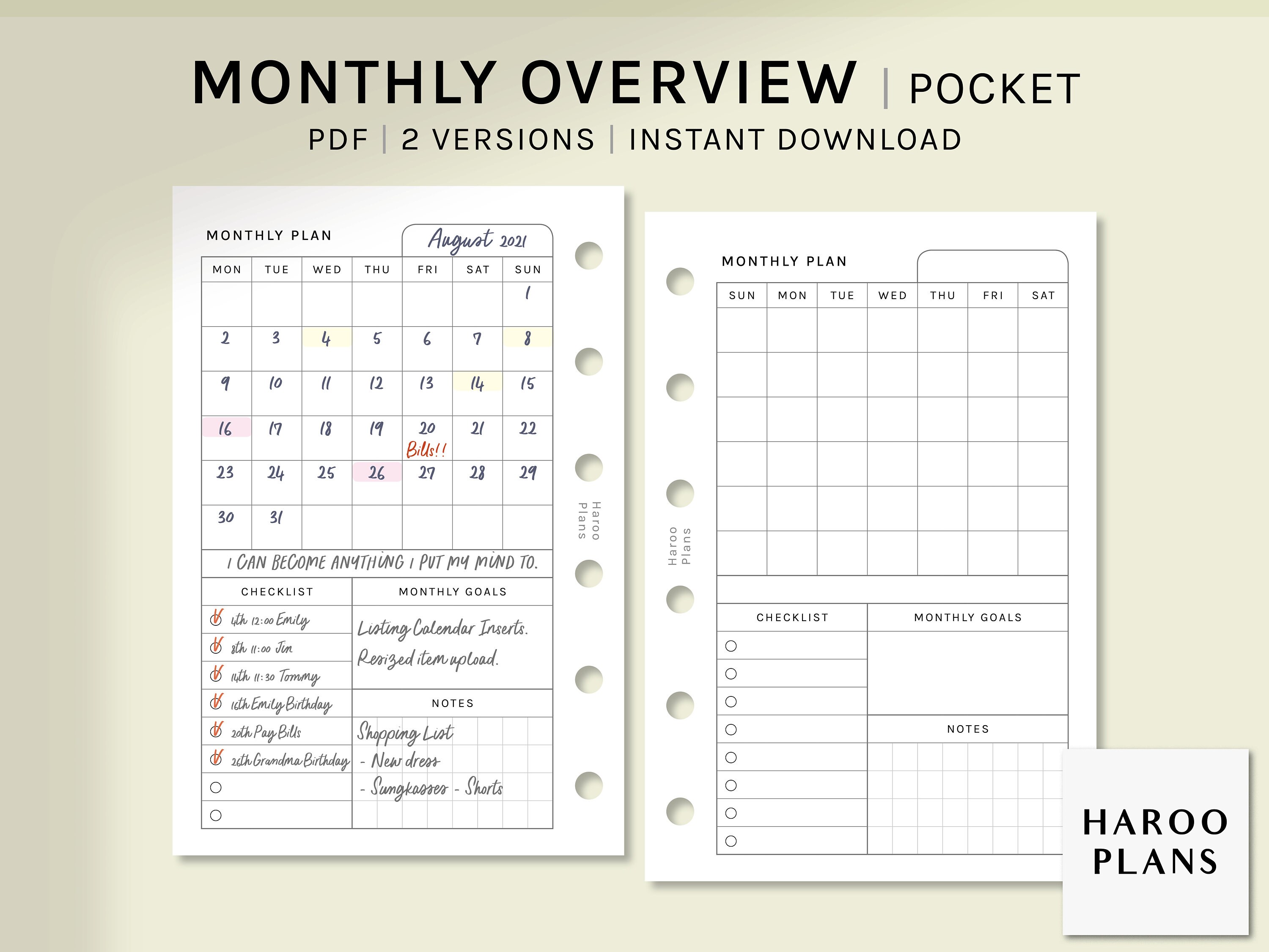 Monthly Overview | Pocket Ring Printable Planner Inserts | MO1P Layout ...