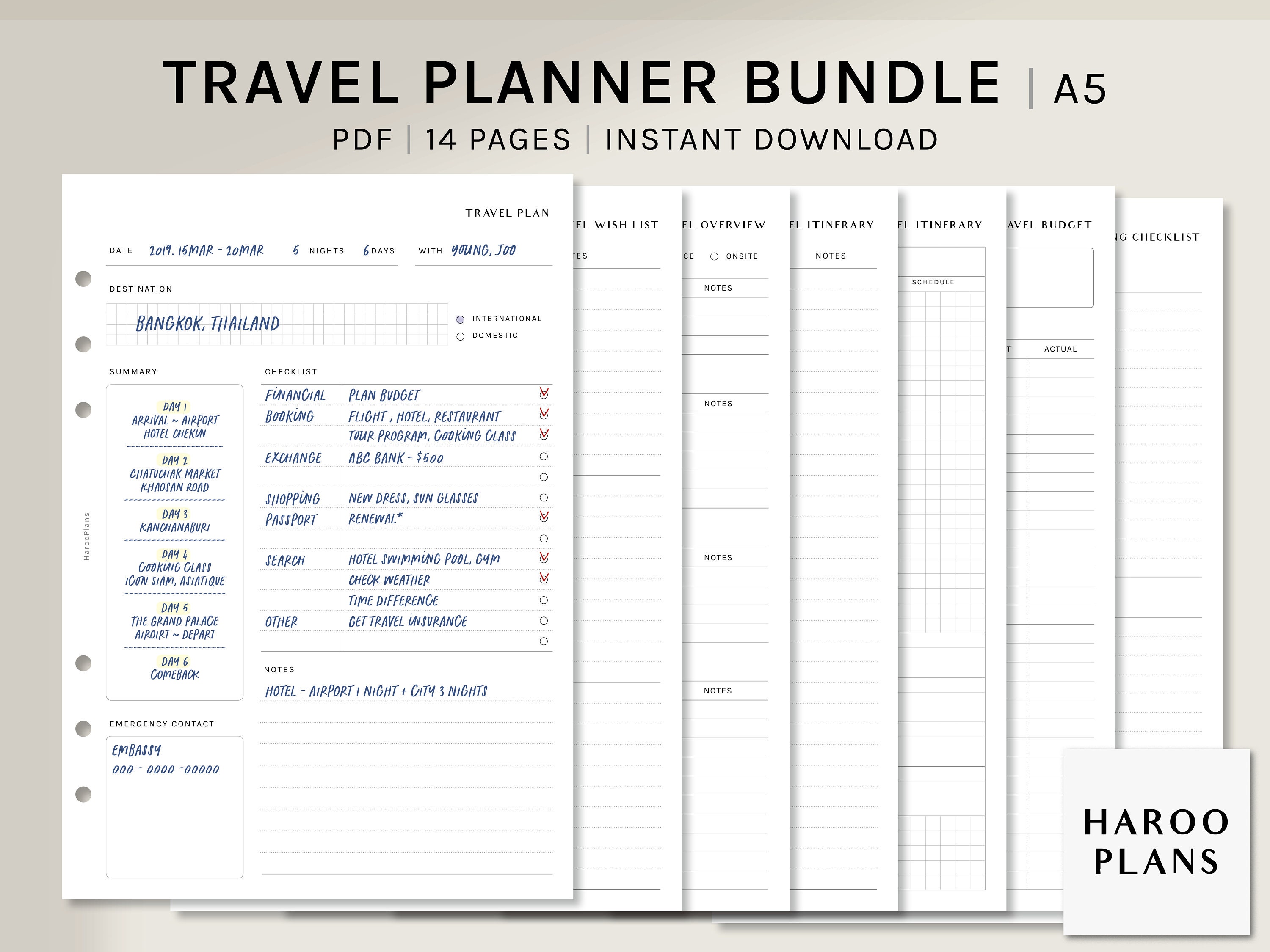 Travel Planner Bundle | A5 Printable Inserts | Trip Itinerary Template | Vacation Journal | Holiday Organizer Sheet | Digital Download