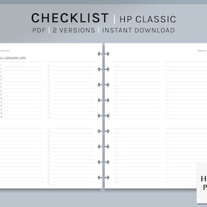 Peut inclure: Un mod&egrave;le de liste de contr&ocirc;le imprimable pour un planificateur HP Classic. Le mod&egrave;le comporte deux colonnes avec des cases &agrave; cocher et des lignes pour &eacute;crire. Le texte "CHECKLIST" appara&icirc;t en haut de chaque colonne. Le texte "TITLE | CATEGORY | DATE" appara&icirc;t en haut de la colonne de gauche. Le texte "HAROO PLANS" appara&icirc;t en bas &agrave; droite de la page.