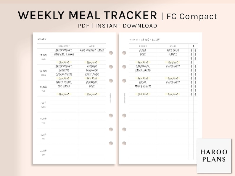 Weekly Meal Tracker | FC Compact Printable Planner Inserts | Diet Food ...