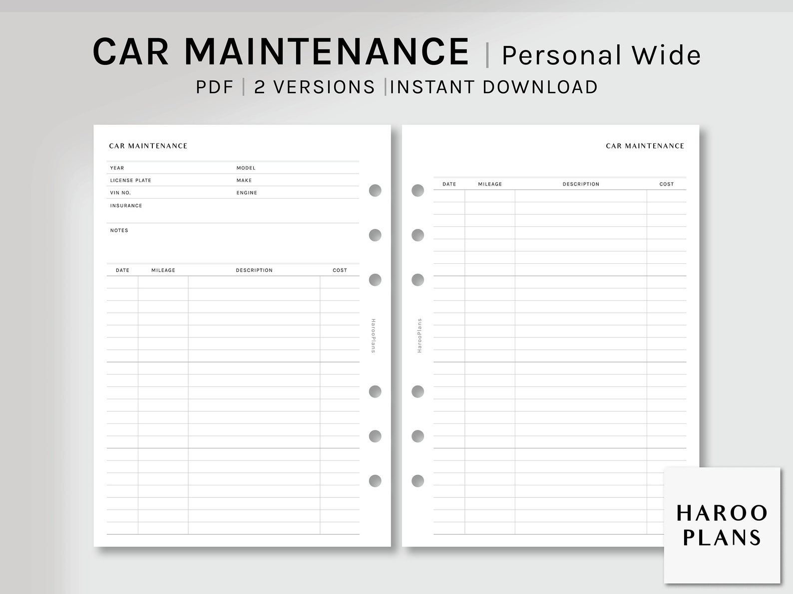 Car Maintenance Personal Wide Printable Planner Inserts - Etsy