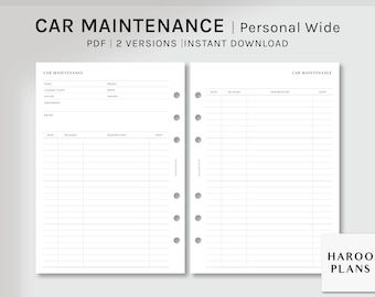 Car Maintenance | Personal Wide Printable Planner Inserts | Auto Repair Log | Vehicle Care Service Tracker Worksheet PDF | Digital Download