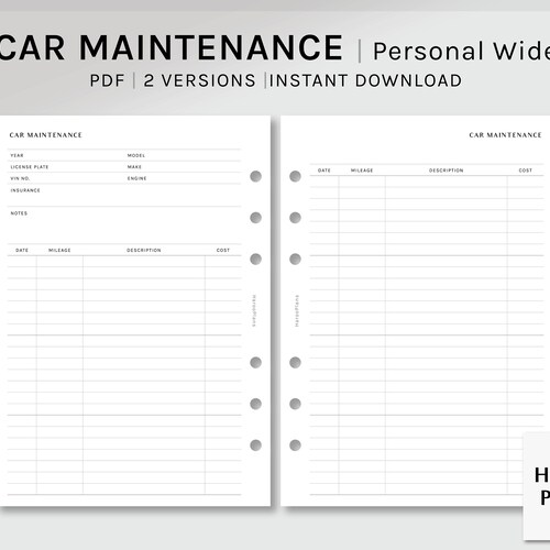Car Maintenance Personal Wide Printable Vehicle Care Tracker - Etsy