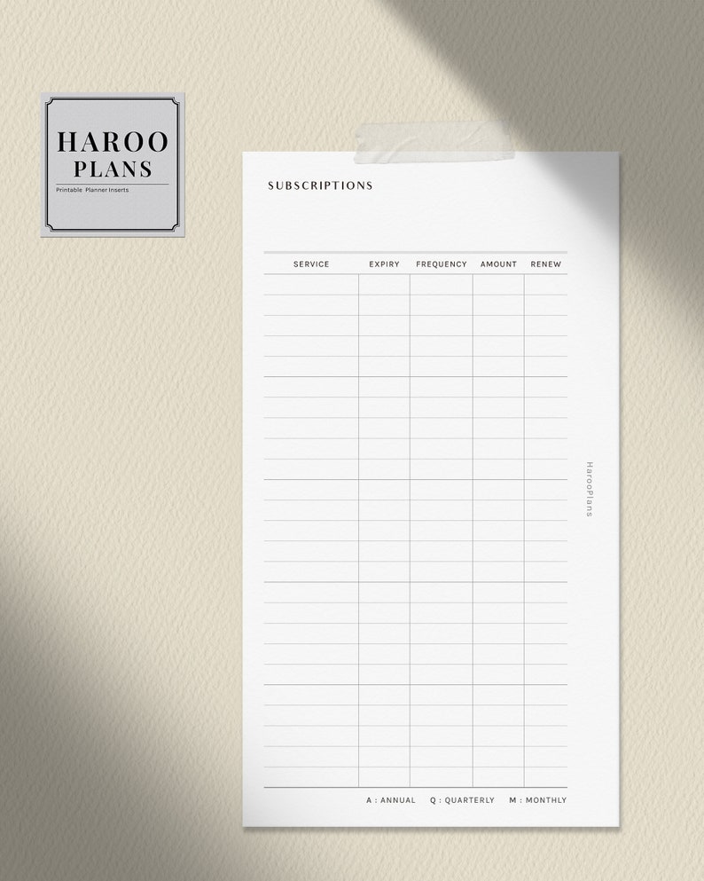 May include: A printable subscription tracker with columns for service, expiry, frequency, amount, and renew. The tracker has a white background and black text. The bottom of the tracker has the following text: A: Annual Q: Quarterly M: Monthly