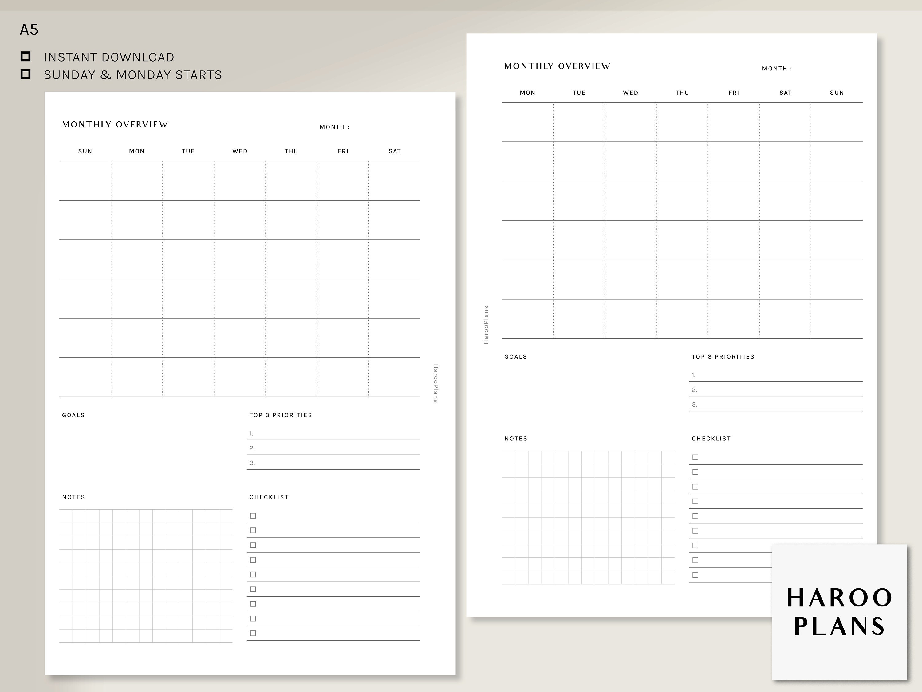 Undated Monthly Overview Printable | A5 Planner Inserts | for Ring ...