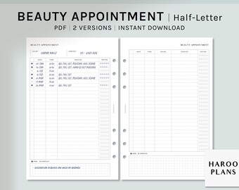 Rastreador de citas de belleza / Inserciones de planificador imprimible de media letra / Lista de verificación de reservas / Plantilla de registro de uñas, cabello y depilación / Descarga digital