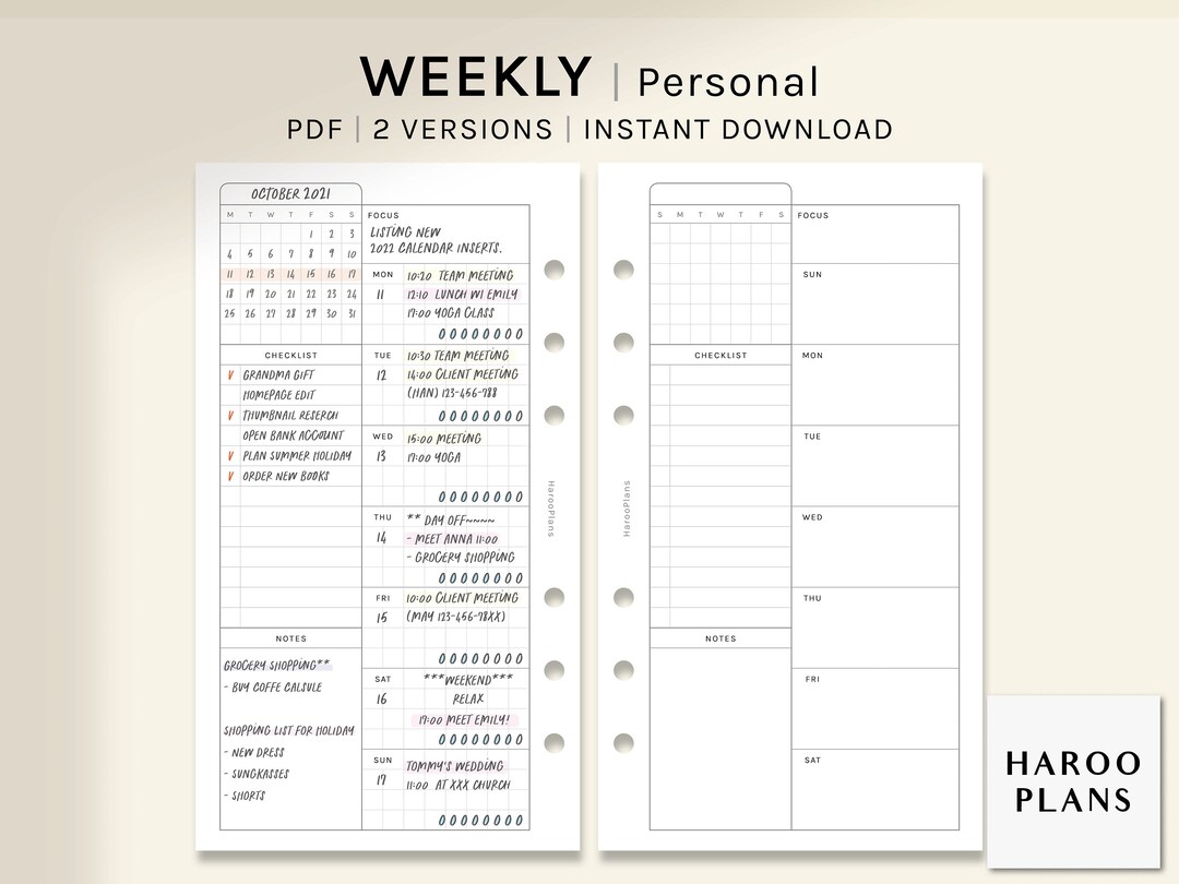Undated Weekly Planner | Personal Size Printable Inserts | WO1P Layout ...