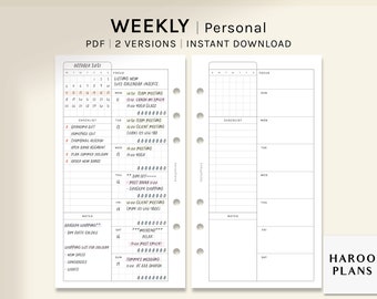Undated Weekly Planner | Personal Size Printable Inserts | WO1P Layout Template | Schedule Worksheet PDF | with Calendar | Digital Download
