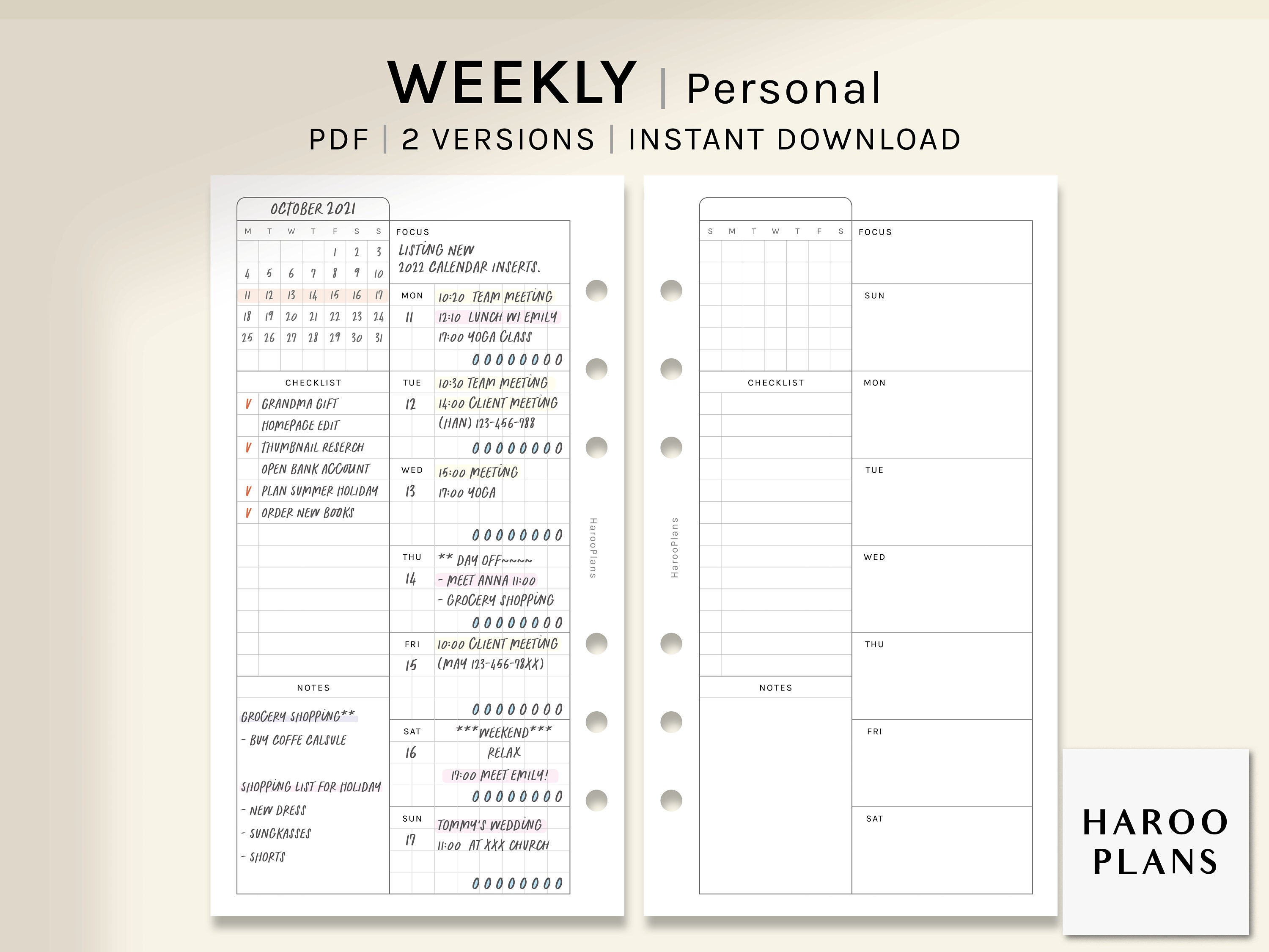 Undated Weekly Planner | Personal Size Printable Inserts | WO1P Layout ...