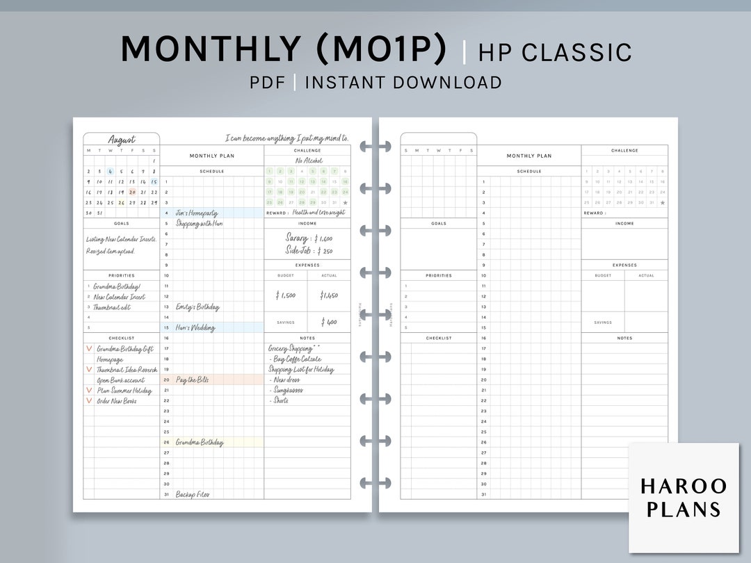 Monthly | HP Classic Printable Happy Planner Inserts | Month Schedule ...