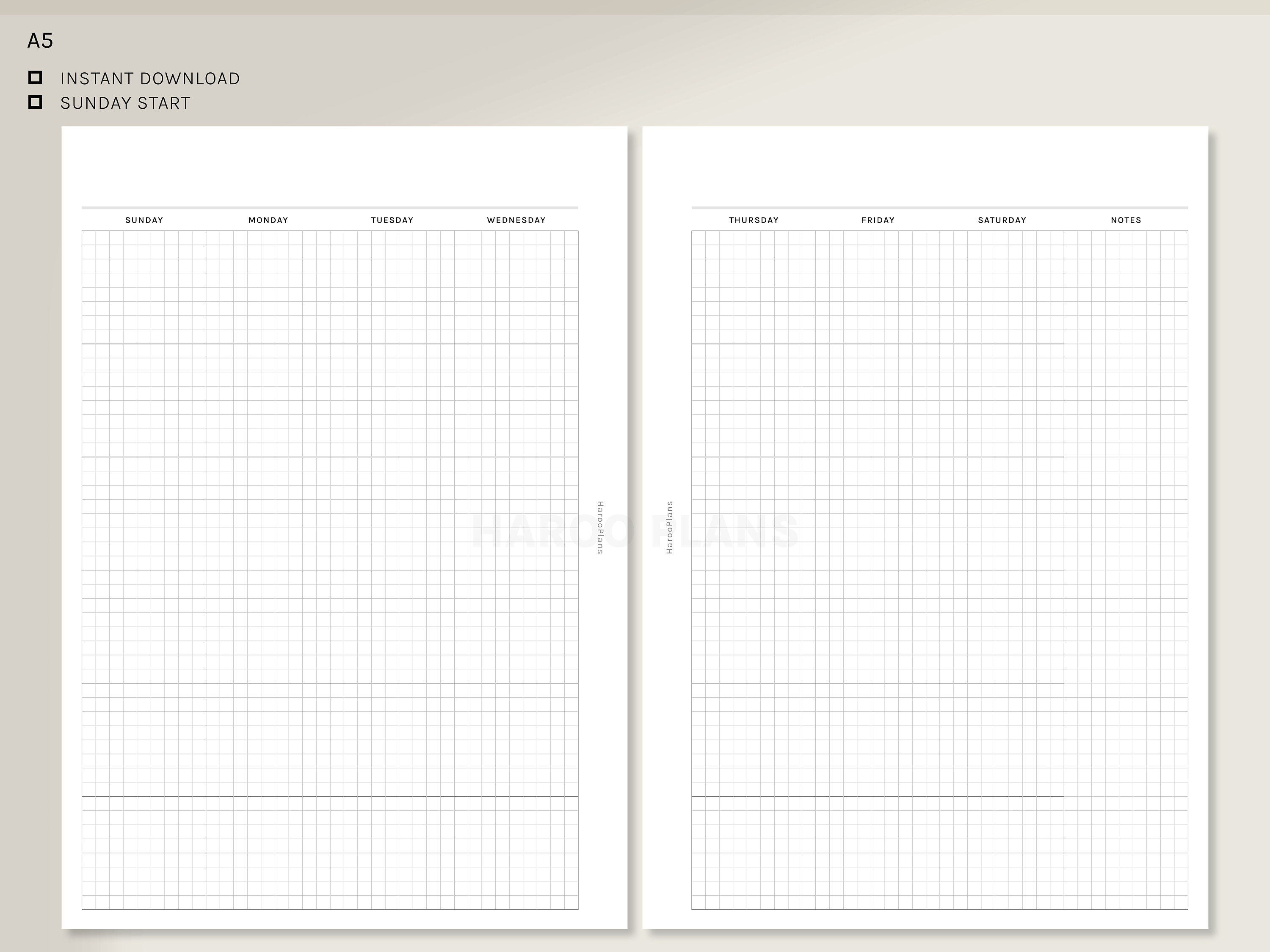 Undated Monthly | A5 Printable Planner Inserts | Grid Layout Calendar ...