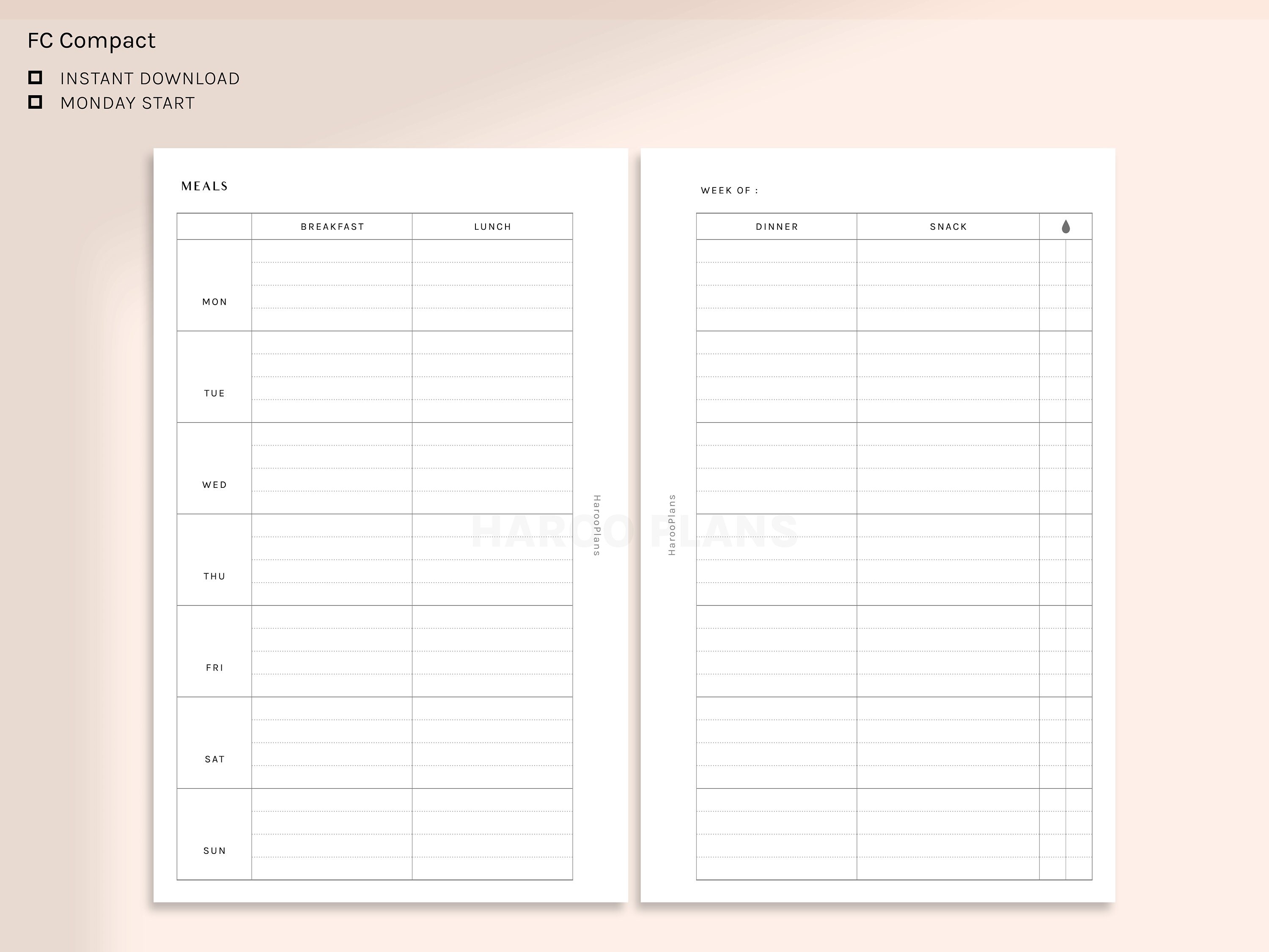 Weekly Meal Tracker | FC Compact Printable Planner Inserts | Diet Food ...