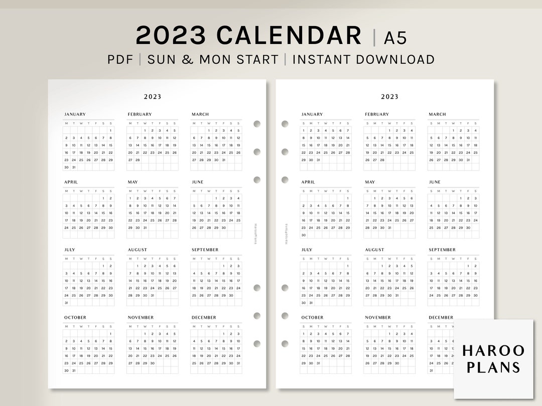 2023-calendar-a5-printable-planner-inserts-simple-yearly-etsy