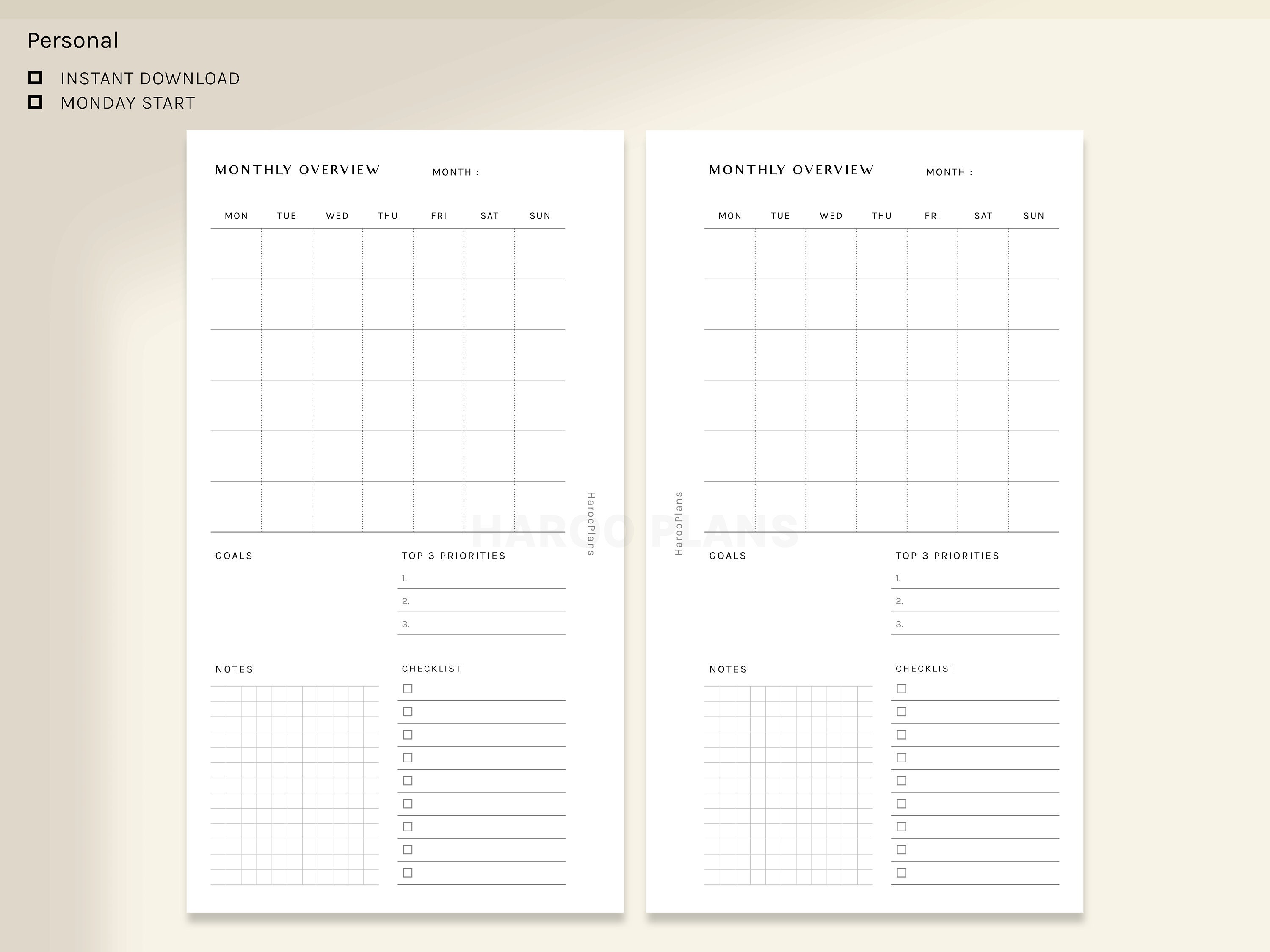 Undated Monthly Overview | Personal Size Printable Planner Inserts ...