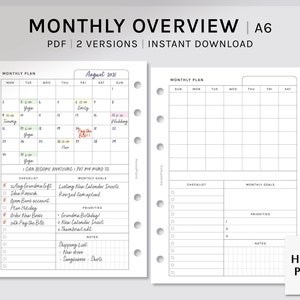 Monthly Overview | A6 Printable Planner Inserts | MO1P Layout | Month on one page Template | Blank Calendar Sheet | Digital Download