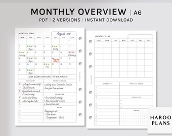 Monthly Overview | A6 Printable Planner Inserts | MO1P Layout | Month on one page Template | Blank Calendar Sheet | Digital Download