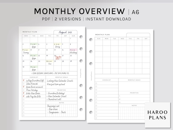 Monthly Overview A6 Printable Planner Inserts MO1P Layout | Etsy