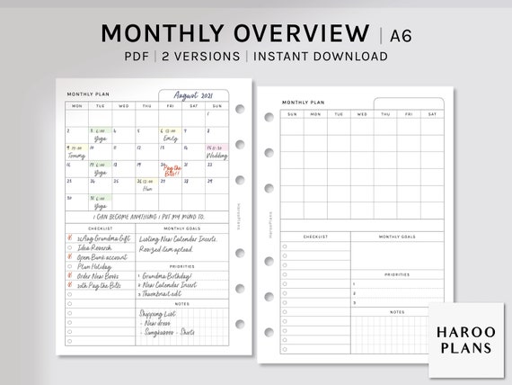 Monthly Overview A6 Printable Planner Inserts MO1P Layout Month on One Page Template Blank Calendar Sheet Digital Download - Etsy