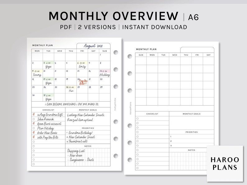 Puede incluir: Un planificador mensual imprimible en tama&ntilde;o A6 con una cuadr&iacute;cula de calendario, una lista de verificaci&oacute;n, objetivos mensuales, prioridades y secciones de notas. La cuadr&iacute;cula del calendario es para agosto de 2021 y tiene notas escritas a mano en rojo y rosa.