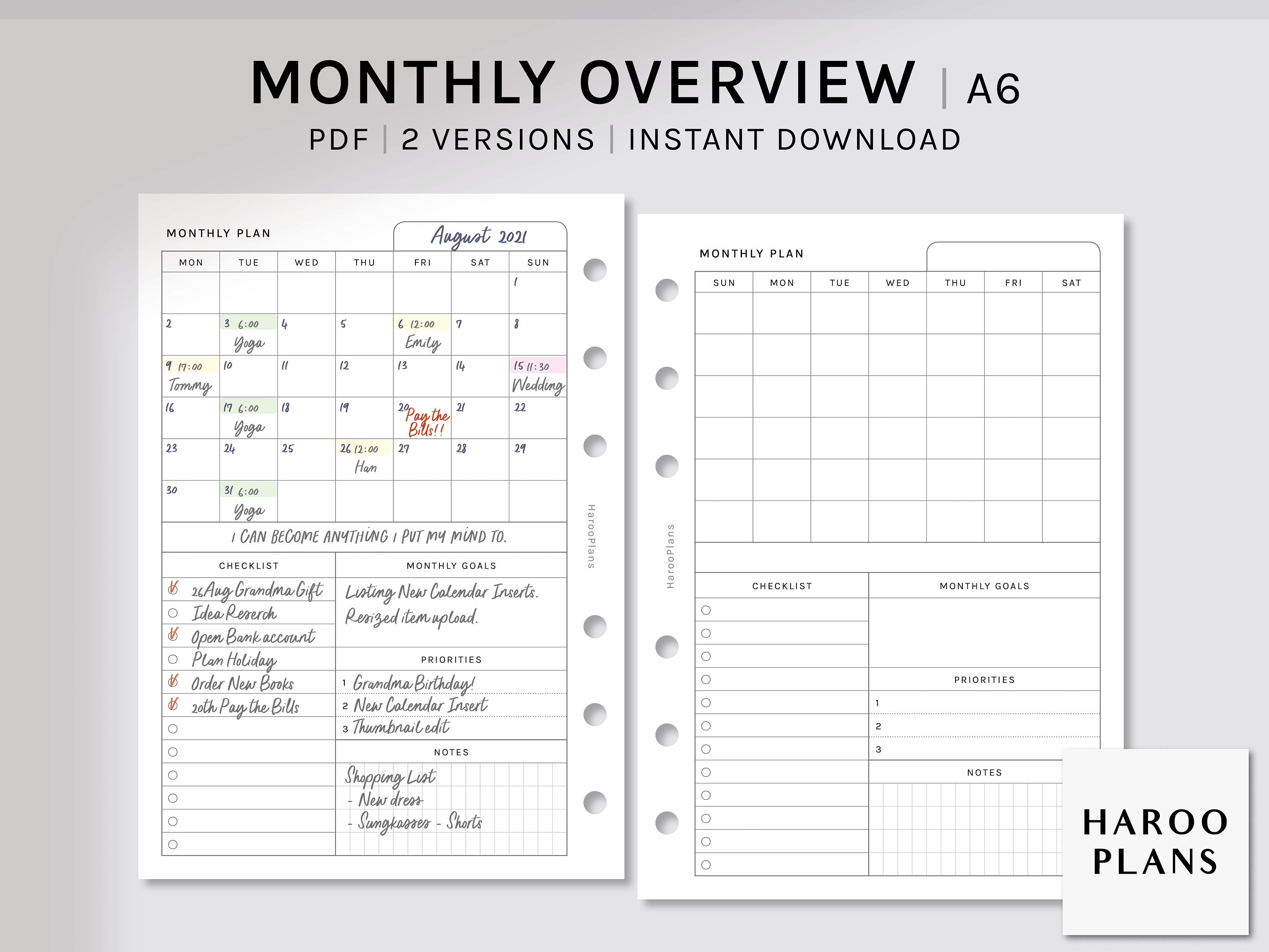 Monthly Overview | A6 Printable Planner Inserts | MO1P Layout