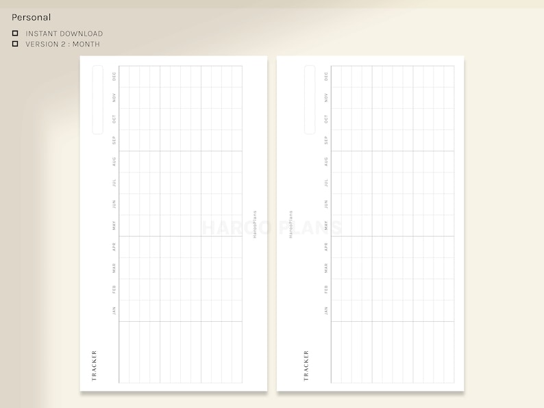 May include: A printable monthly tracker with a grid layout and space for notes. The tracker is divided into two columns, each with a calendar for a year. The text "TRACKER" is printed at the bottom of each column.